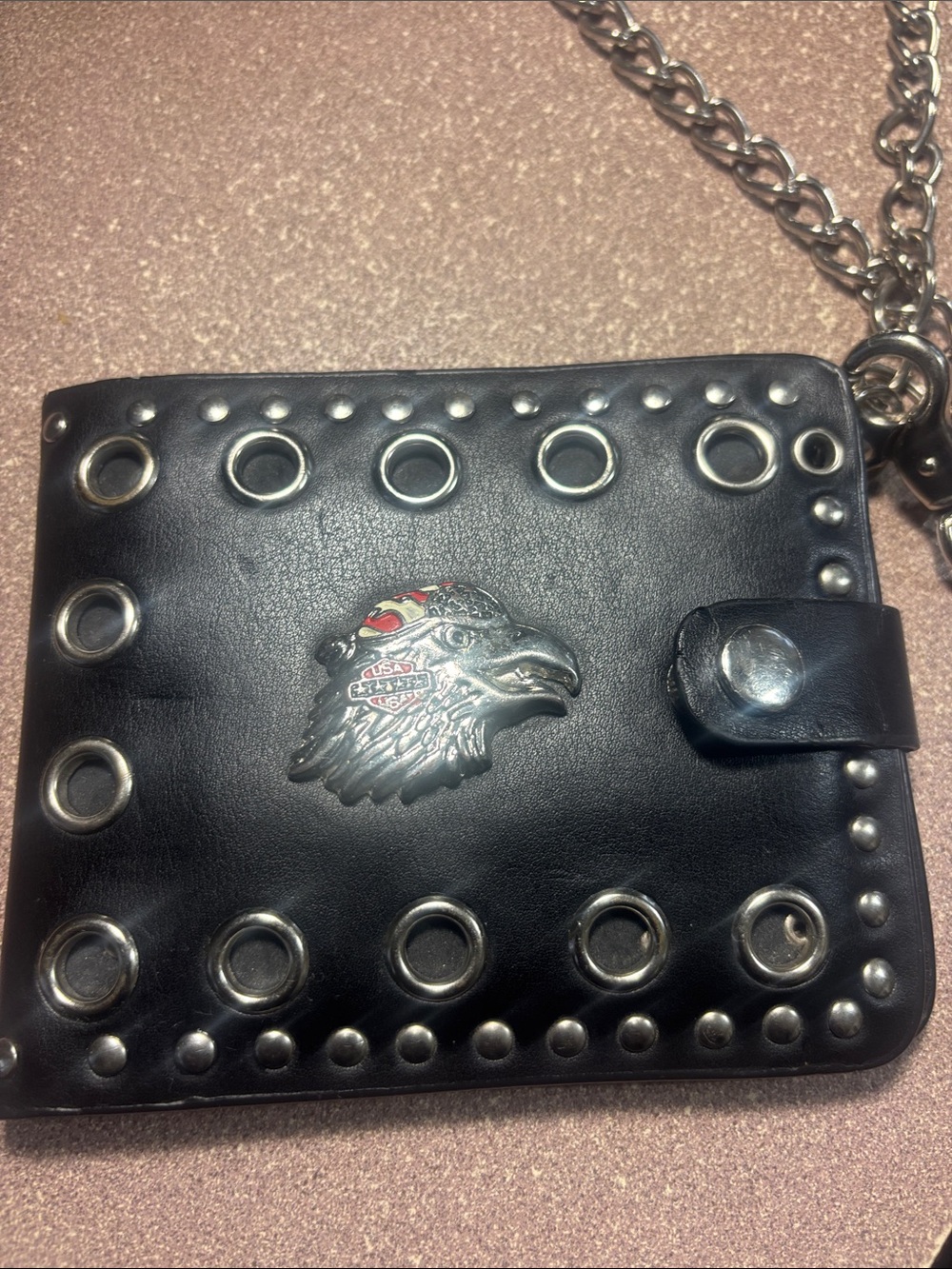 Men's Black Studded Leather Biker Wallet with Eagle Emblem